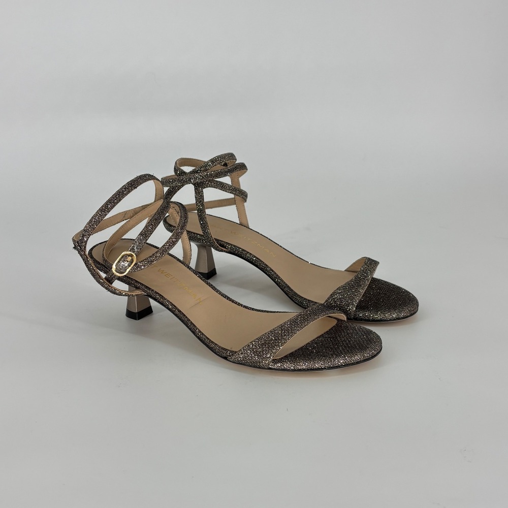 Stuart Weitzman Nudist Wrap Sandal New Pyrite Women Size 6.5 Kitten Heel Sparkly